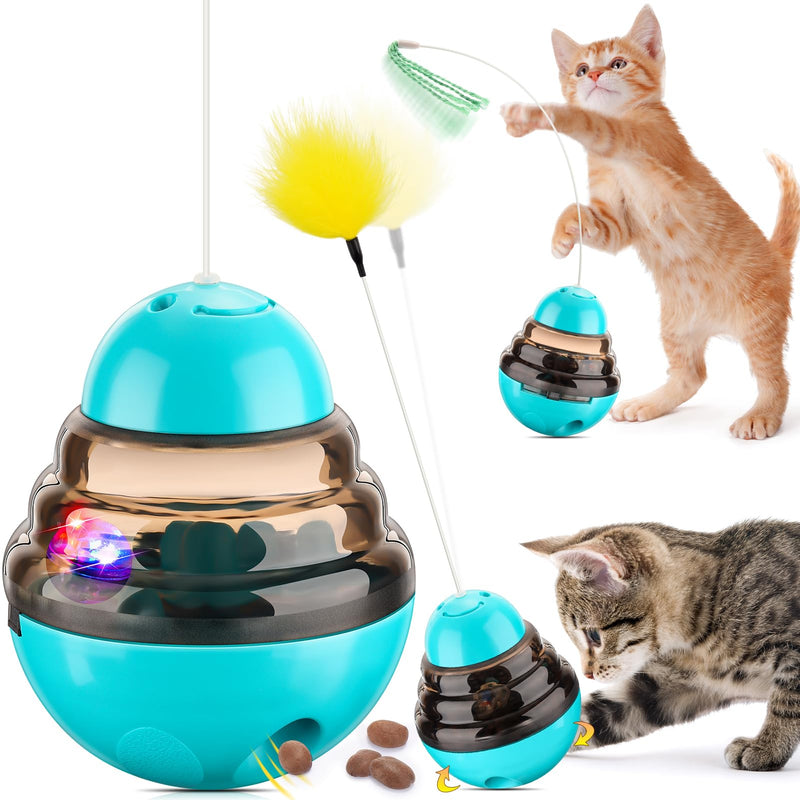 Tumbler Cat Toys for Indoor Bored Cats,Fun Wand Toy and Feather Toys Slow Feeder with Flash Ball,Cat Toys for Indoor Cats to Loss Weight and Exercise Feeding Pet Supplies Birthday Gift (Blue) Blue - BeesActive Australia