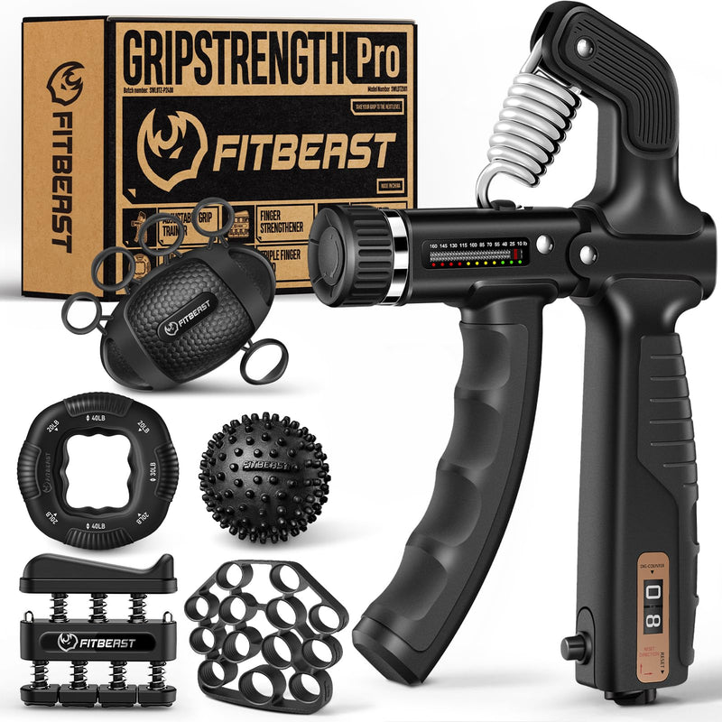 FitBeast Grip Strength Trainer, Hand Gripper Strengthener Kit - 6 Pack with Adjustable Resistance Forearm Strengthener, Forearm Exerciser and Massage Balls for Hand Therapy, Grip Training Black
