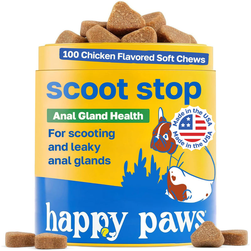 Happy Paws Scoot Stop Supplement, No Scoot for Dogs, Anal Gland Dog Treats & Digestive Health Support for Dogs of All Breeds & Ages, Vegan Chicken Flavor, 100 Soft Chews 100 Count