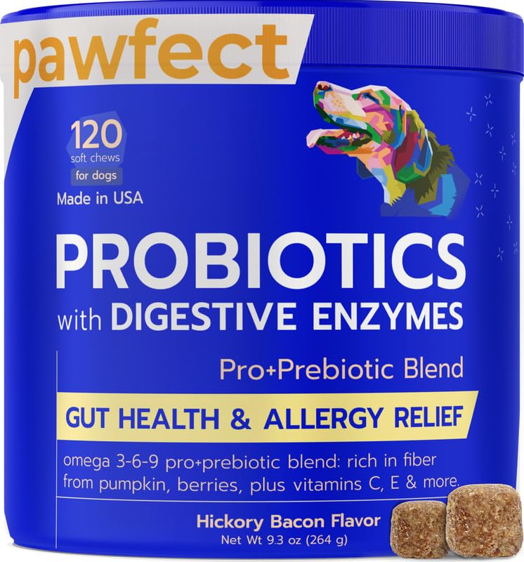 Probiotics for Dogs + Digestive Enzymes - Omega and Pumpkin - Gut Health and Immune Support -Relieves Diarrhea,Gas,Constipation,Improve Digestion - Made in USA - 120 Soft Chews - Chicken and Liver - BeesActive Australia