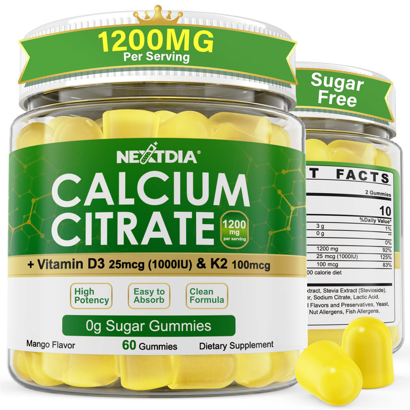 Calcium Citrate Gummies 1200mg with Vitamin D3 K2, Chewable Calcium Supplements for Women & Men, High Potency Support B0ne, Te*th, Strength & Immune Health, Mango Flavor, Non-GMO, Sugar Free, 120 Cts 60 Count (Pack of 2)