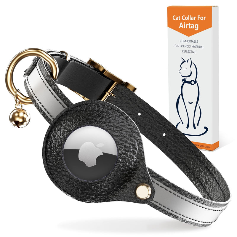 Leather AirTag Cat Collar Non Breakaway, Reflective GPS Cat Collar Adjustable with Bell and Elastic Strap for Kittens, Lightweight Cat Airtag Collar for Cats, Puppies (Black) Black - BeesActive Australia