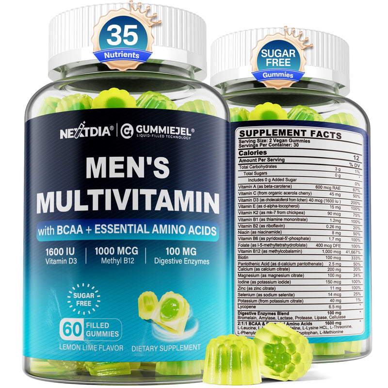 Methylated Multivitamin for Men Gummies with BCAA Amino Acids, Zinc, Biotin | Daily Vitamin A C D3 E K2 B Complex, Calcium, Lycopene, Digestive Enzymes - Energy, Immune, Muscle - Sugar Free, Vegan, 60Cts 60 Count (Pack of 1)