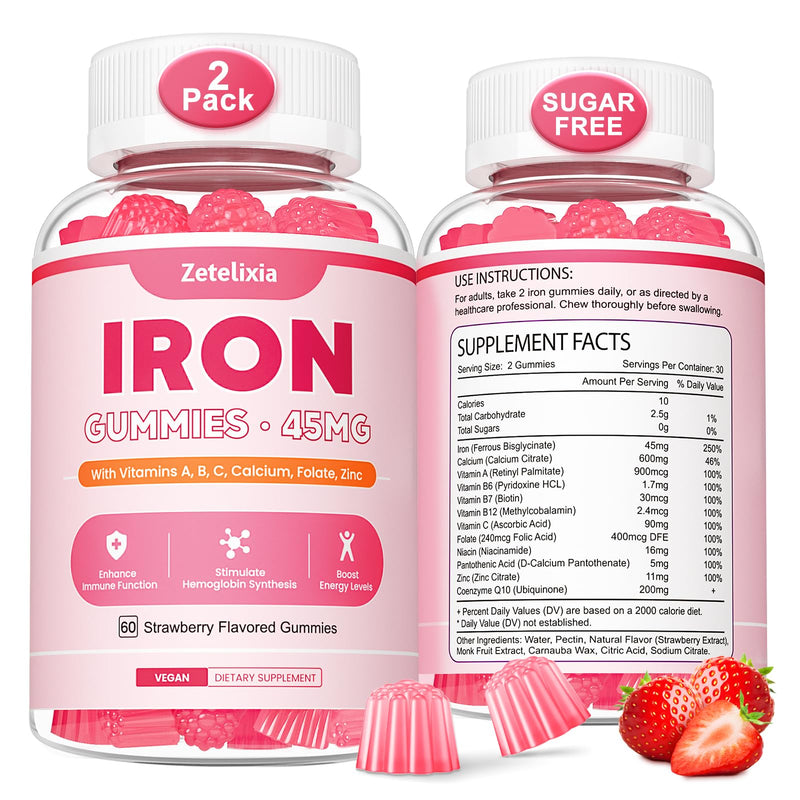 Vegan 2 Pack Iron Supplement Gummies for Women & Men, Anemia, Blood Builder & Energy Support for Iron Deficiency, with Vitamin C, A, B Complex, Folate, CoQ10, Sugar Free, Non-GMO, 120 Count 45MG Iron Strawberry Flavor 60 Count (Pack of 2)
