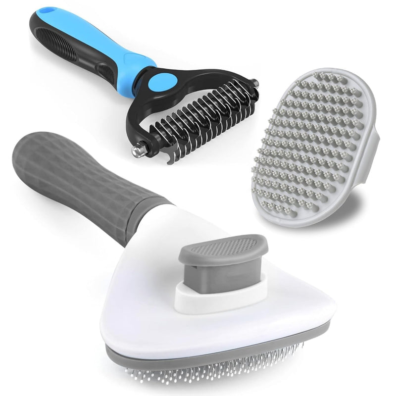 3PCS Dog Grooming Brush - Dog Brush for Shedding Massaging Bathing - Double Sided Shedding, Dematting Undercoat Rake - Self Cleaning Slicker Brush for Dogs and Cats with Long or Short Coats Grey-3Pcs - BeesActive Australia