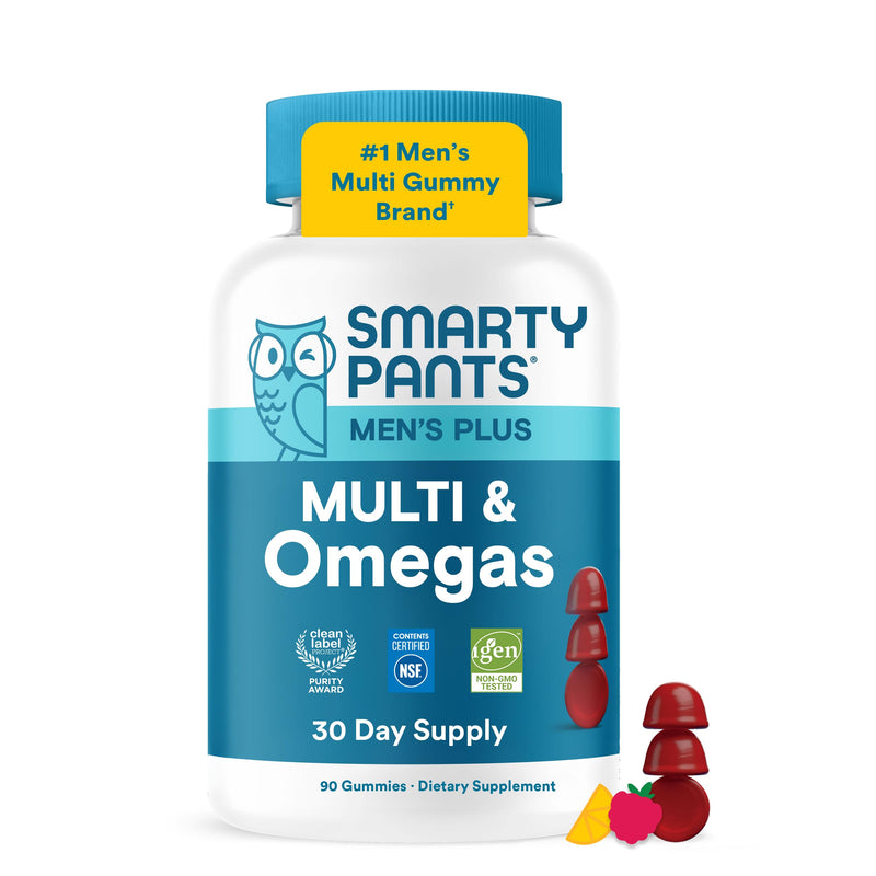 SmartyPants Men's Multivitamin Gummies with Omega 3 DHA/EPA, Methylfolate, Vitamin D3, C, B12, B6, A, K, Zinc, Raspberry Lemonade Flavor, 90 Count (30 Day Supply) Multi + Omega