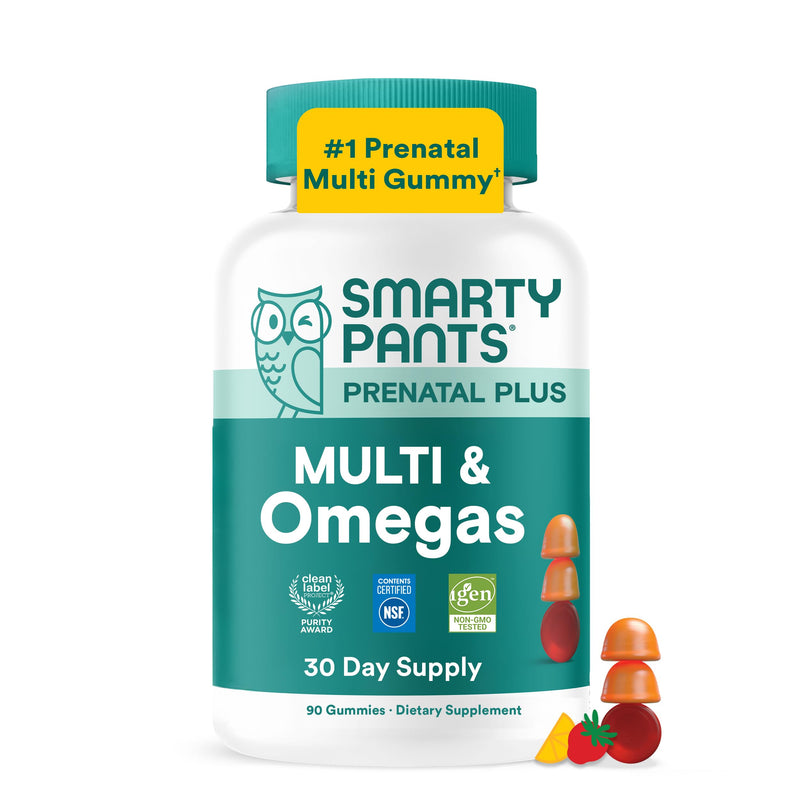 SmartyPants Prenatal Multivitamin Gummies with Omega 3 DHA/EPA, Methylfolate, Biotin, Vitamins D3, C, B12, B6, A, K, and Zinc, Gluten Free, Clean Label, Two Fruit Flavors, 90 Gummies (30 Day Supply) 30 servings, 90 Count Multi + Omega - 30 Day Supply