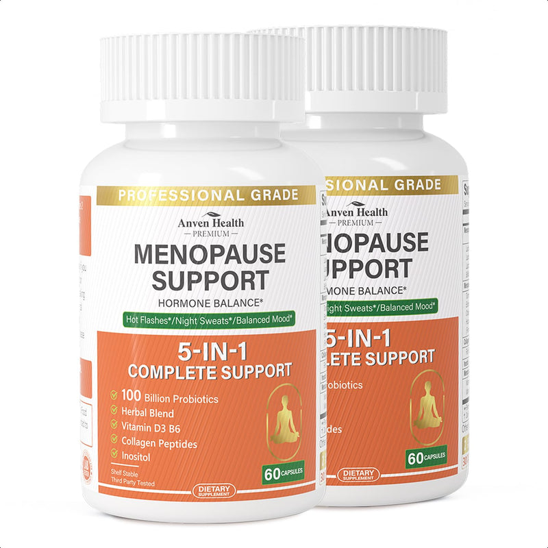 Menopause Relief Supplements for Women 100 Billion CFU, 120 | Vitamin D3 & B6, 100B Probiotics, Hot Flashes, pH Blance & Night Sweats Relief, Black Cohosh, Herbs, Collagen Menopause 60 Count (Pack of 2)