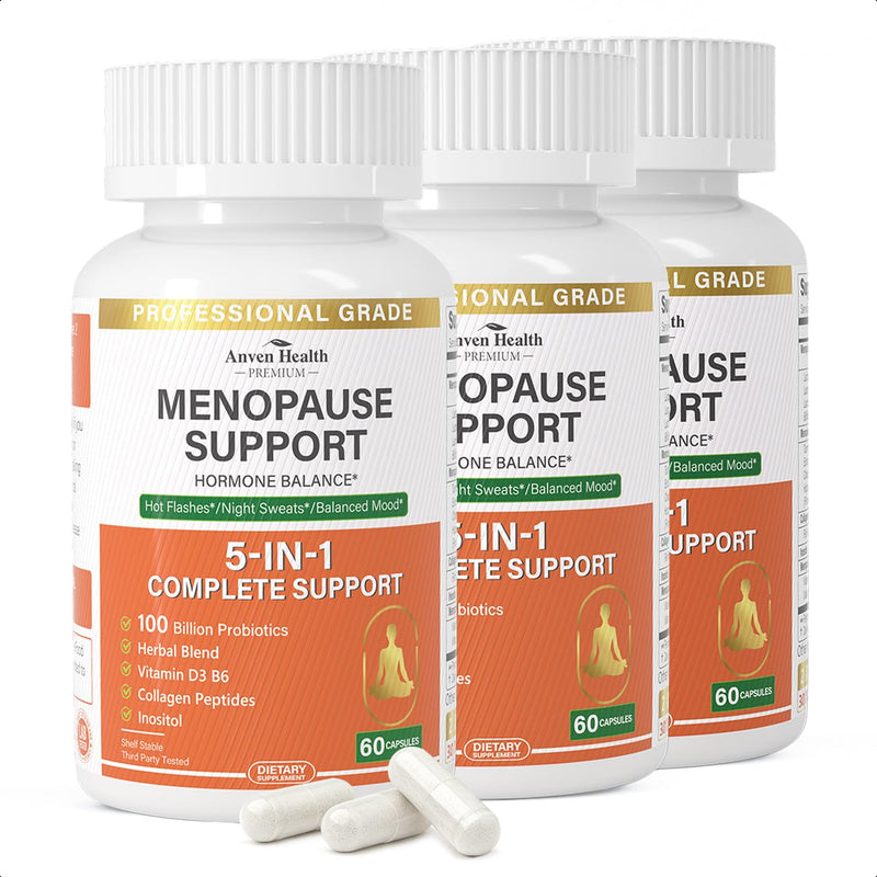 Menopause Relief Supplements for Women 100B CFU Probiotics 180 | Vitamin D3 & B6, 100B Probiotics, Black Cohosh, Herbs, Collagen, Hot Flashes & Night Sweats Relief, Bloating & Gut Health Menopause 60 Count (Pack of 3)