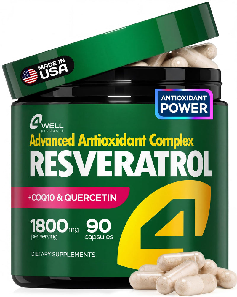 Resveratrol Supplement 1800mg Complex - COQ10, Quercetin, Vitamin E, Calcium Ascorbate - Powerful Antioxidant Formula for Enhanced Energy Heart Health & Healthy-Aging Support Trans Resveratrol 90 Caps 90 Count (Pack of 1)