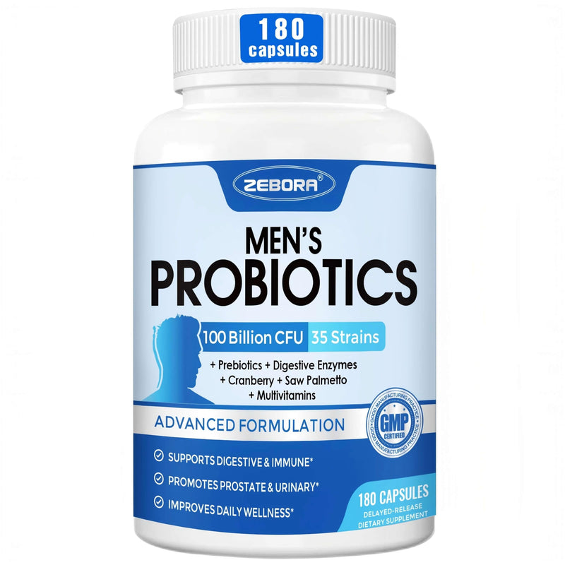ZEBORA Probiotics for Men, Gut Health, 100 Billion CFU, 180 Capsules | With Prebiotics, Enzymes, Saw Palmetto, and Cranberry, Daily Mens Probiotic Supplement for Digestive and Gut Health 180 Count (Pack of 1)