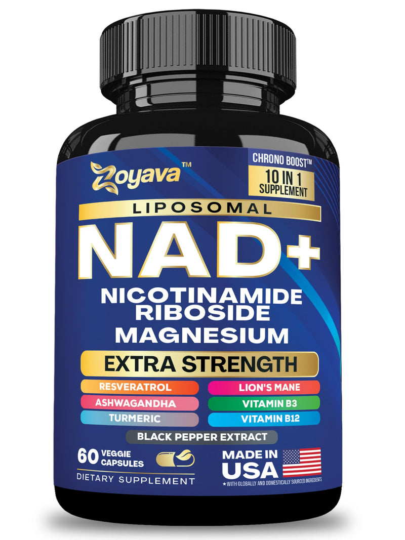 NAD+ Supplement Extra Strength with Vitamin B3, B12, Magnesium, Niacinamide, Liposomal NAD, Lion’s Mane, Ashwagandha, Turmeric, Black Pepper Extract, Made in USA - 10-in-1 60 Veggie Capsules