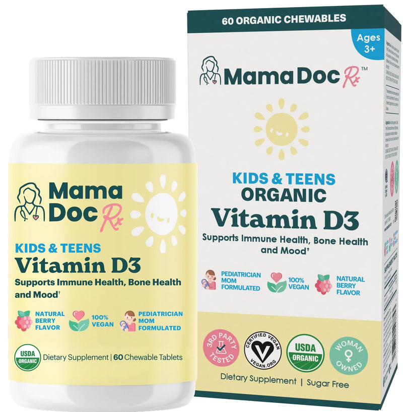 Certified Organic Kids and Teens Whole Food Vitamin D3 Chewables | 800 IU | Sugar Free, Vegan, Free of 9 Major Allergens | 2 Month Supply | Ages 3+