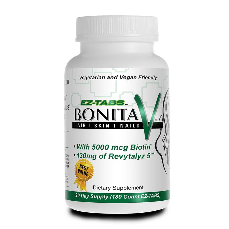 Essential Source Bonita V EZ-TABS Hair, Skin & Nails Vitamins, 180 Count | 5000 Mcg Biotin, 20 Active Ingredients, Revytalyz 5 Collagen Support Blend, Easy-Swallow Vegan Tablets, For Women & Men 180 Count (Pack of 1)