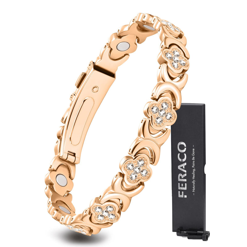 Feraco Pure Copper Bracelets for Women, Ultra Strength Magnetic Therapy Bracelet for Pain Relief with Neodymium Magnets & Sparkling Cubic Zirconia, Adjustable, Infinite Clover Jewelry Rose Gold