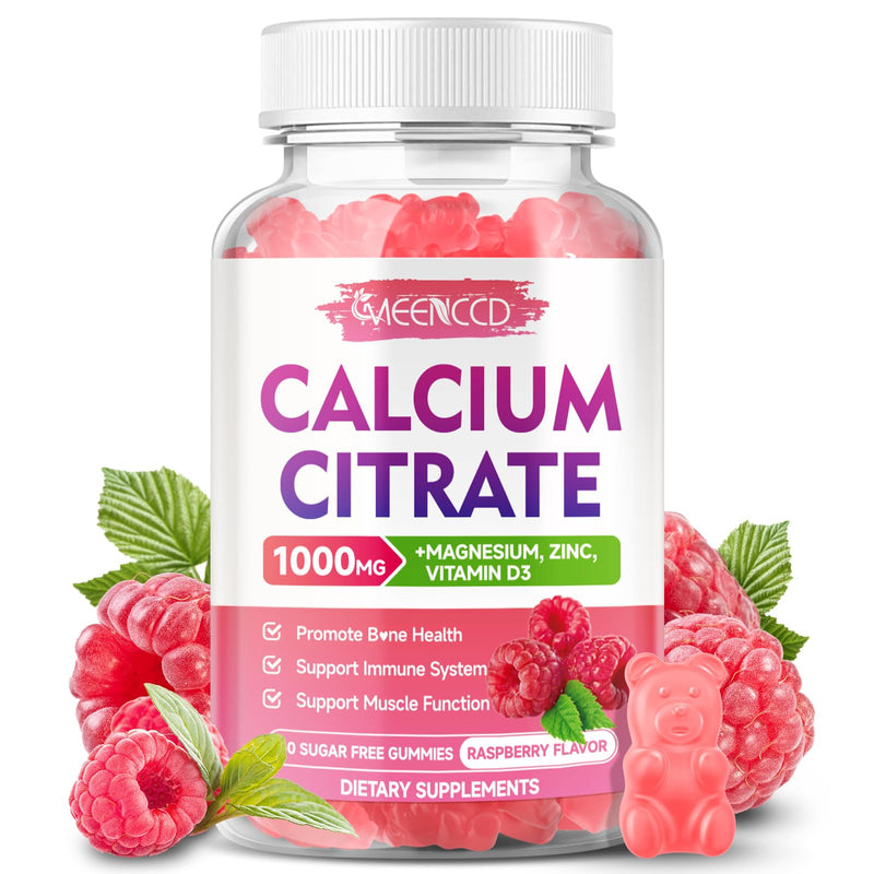 Calcium Citrate Gummies w/Vitamin D3, High Absorption Calcium Supplement for Women & Men, Plus Magnesium, Potassium, Zinc for Muscle & Immune Support, Sugar-Free, Raspberry Flavor, 60 Count 60 Count (Pack of 1)