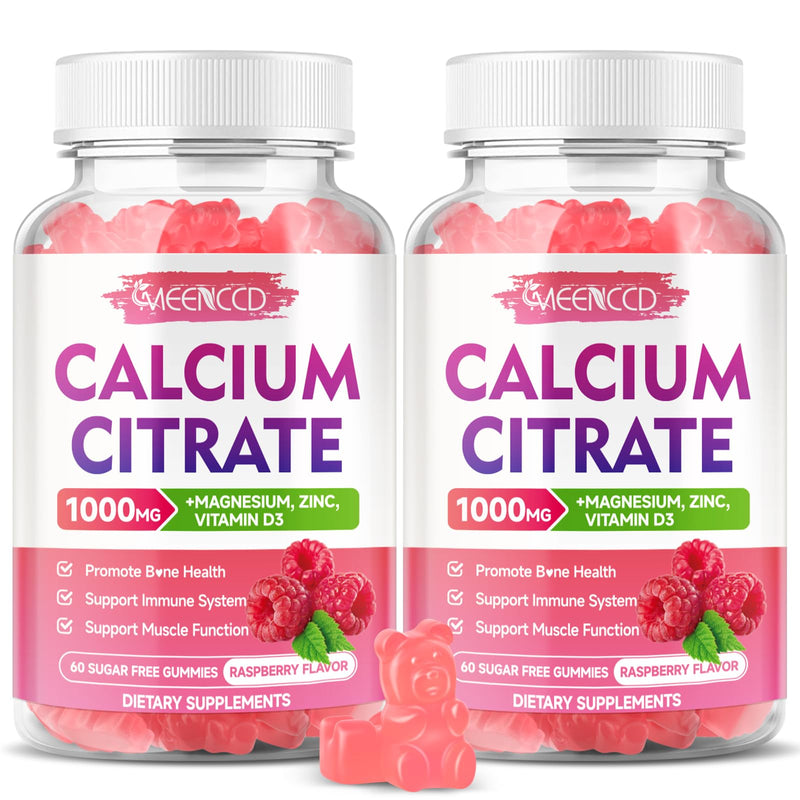2 Pack Calcium Citrate Gummies 1000mg w/Vitamin D3, High Absorption Calcium Gummies for Women & Men, Plus Magnesium, Potassium, Zinc for Muscle & Immune Support, Raspberry Flavor, 120 Count 60 Count (Pack of 2)