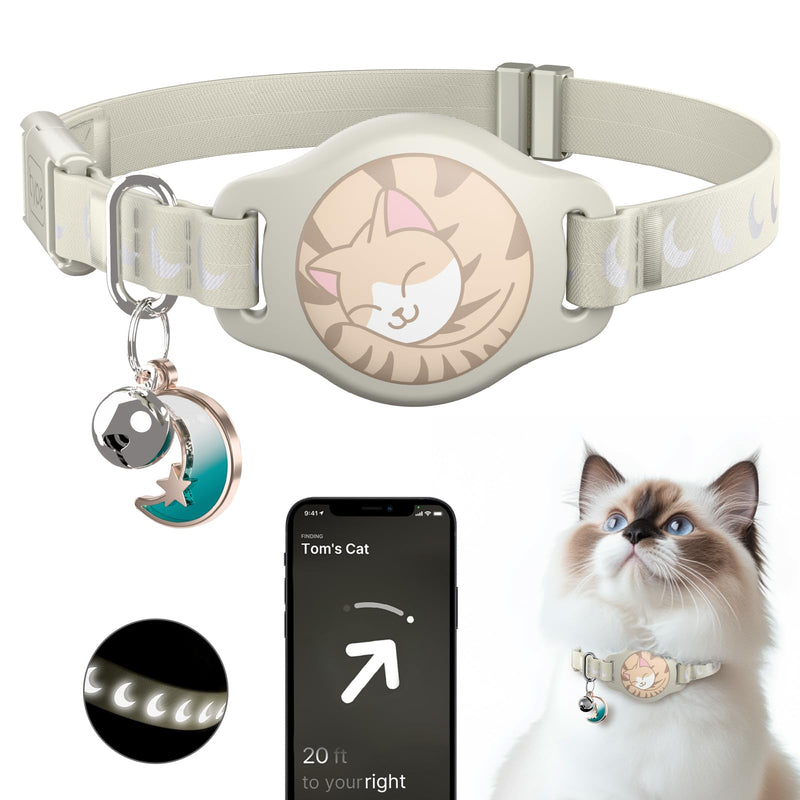 Cat Collar with Airtag Holder, Breakaway Airtag Cat Collar for Apple Air Tag with Luminous & Reflective Pattern, Waterproof GPS Cat Tracker Collars for Boy Girl Cats Kittens with Bell, Khaki (6-12") - BeesActive Australia
