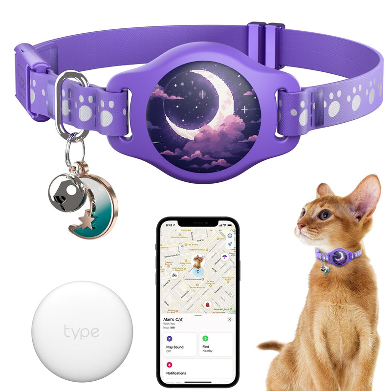 Cat Tracker Collar - Tracking Pet Collar with Finder Tag Waterproof, No Monthly Fee, Compatible with Apple Find My (iOS Only), Breakaway GPS Tractive Cat Collar with Reflective Pattern & Bell, Purple - BeesActive Australia