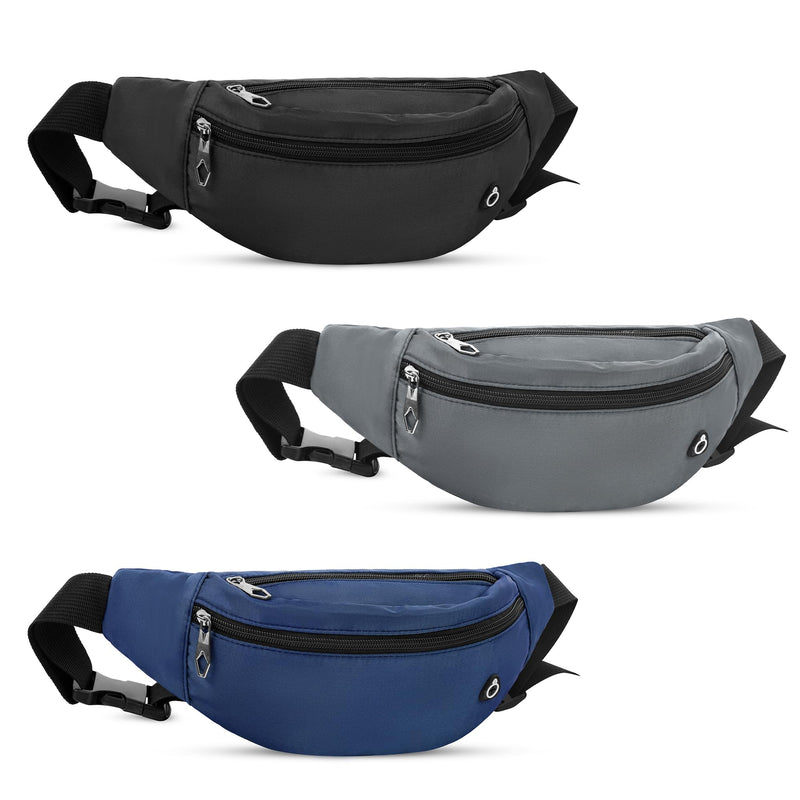 Viqueen Fashion Fanny Packs For Men and Women Foldie Crossbody Bag with Zipper and Pockets Water Resistant,Hands Free Phone Carrying Black+Navy+Light Grey Black+Beige 3 Pack 4-zipper Waist Pack
