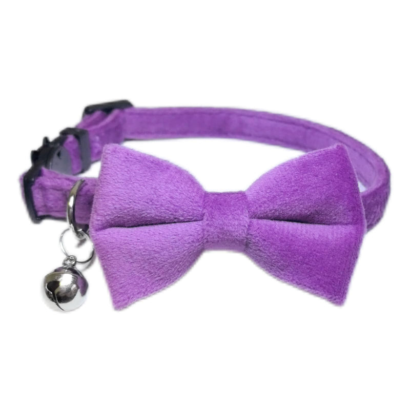 Cat Collar with Bells, Bow Tie Removable, Breakaway Safety Buckle, Soft Velvet Cute, Adjustable for Girl Boy Kitty Kitten Small Pets, 7"-11", Purple Purple, Pack of 1 - BeesActive Australia