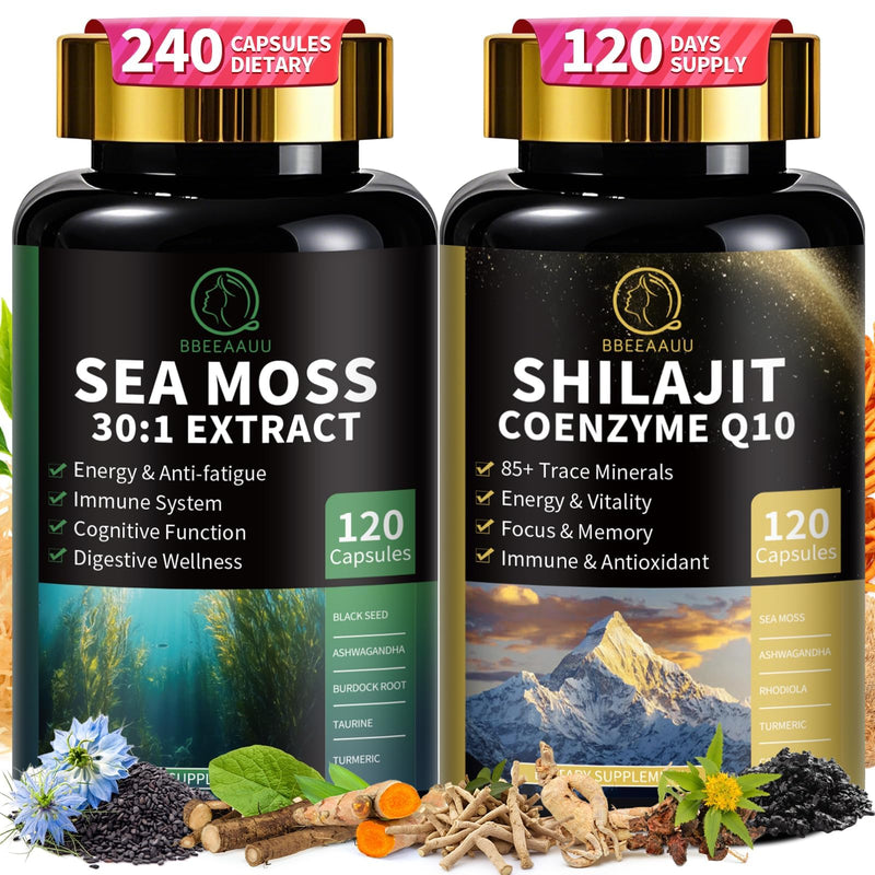 Shilajit for Men, Sea Moss and Shilajit Bundle, All in 1 Supplements with Coenzyme Q10, Black Seed, Ashwagandha, Taurine, Burdock for Energy, Endurance, Antioxidant & Immune Support, 240 Capsules 120 Count (Pack of 2) - BeesActive Australia