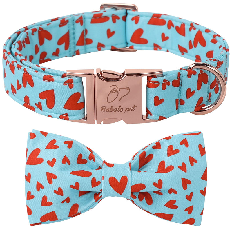 Valentine's Day Dog Collar with Bow - Red Heart Pattern Blue Bowtie Dog Collar Adjustable Heavy Duty Valentines Dog Collars for Small Medium Large Dogs XL B-Blue Red Heart-L - BeesActive Australia