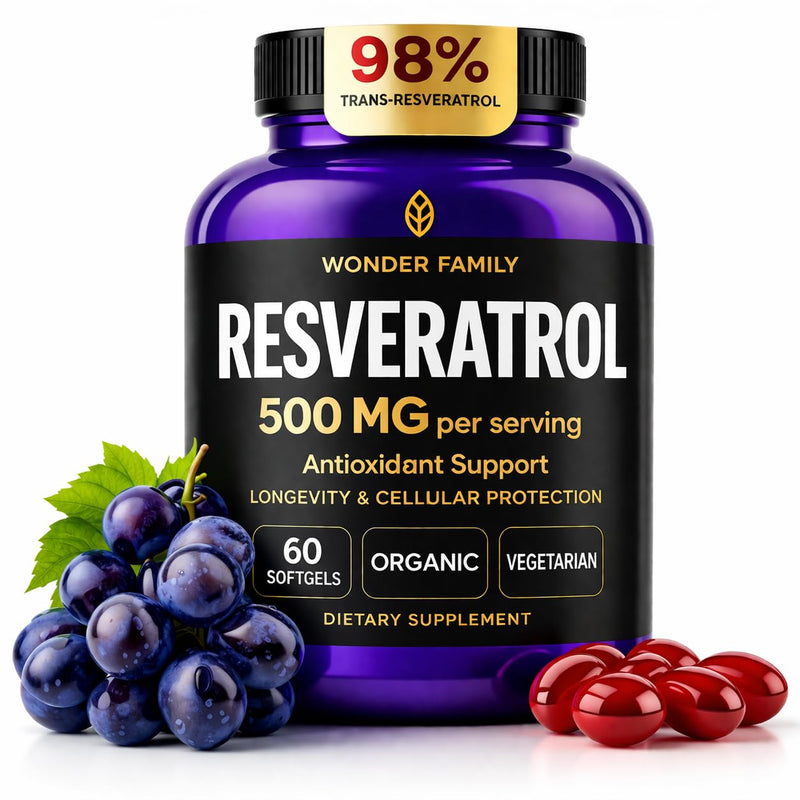 WONDER FAMILY Resveratrol Supplement 500mg, 98% Trans-Resveratrol from Japanese Knotweed, Vegan Antioxidant Capsules for Daily Wellness, Non-GMO, Gluten-Free 60 Count (Pack of 1)