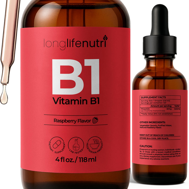 LongLifeNutri Vitamin B1 Liquid Drops - Thiamine Mononitrate Supplement for Energy and Nerve Health, Fast Absorption, 4 FL OZ, 5-Month Supply, Lab Tested, Made in USA 4 Fl Oz (Pack of 1)