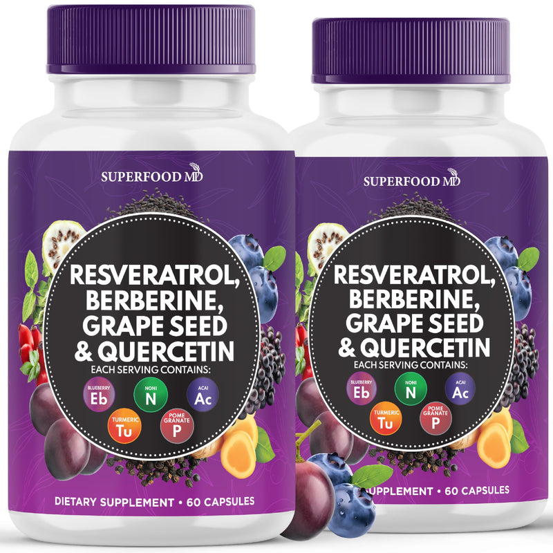 Resveratrol Berberine Grape Seed Extract Quercetin - Polyphenol Supplement with Noni Extract, N-Acetyl Cysteine, Acai Extract - Made in The USA - 120 Capsules 120 Capsules (Pack of 2) - BeesActive Australia