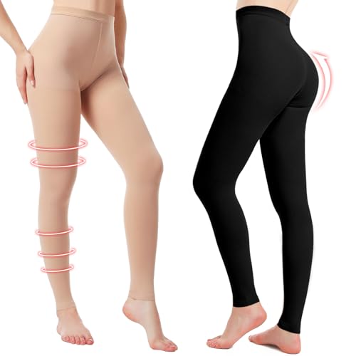 2 Pairs Medical Compression Pantyhose for Women, 20-30mmHg Graduated Support Tight Pants, Opaque Footless M Beige&Black