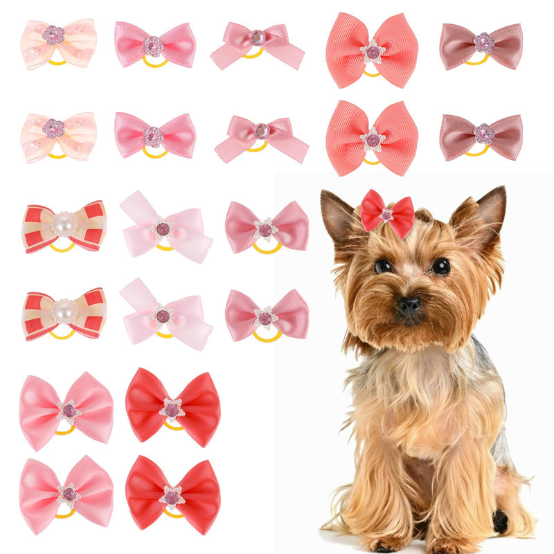 Lusofie 20 Pcs Dog Bows with Rubber Bands Rhinestones Dog Bow Tie Handmade Dog Hair Bows for Small Dogs Girl Puppy Hair Bows Dog Bows Small Size Dog（10 Style） - BeesActive Australia