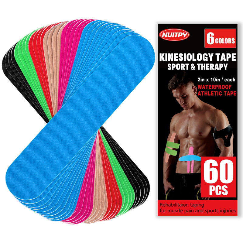 60PCS Precut Kinesiology Tape Strips, 6 Colors 2 inch x 10 inch Cotton Athletic Tape, Kinetic Tape, Elastic Muscle Tape, Sports Tape, Knee Tape for Exercise and Daily Use Skin Color, Light Blue, Green, Rose Red, Black, Red