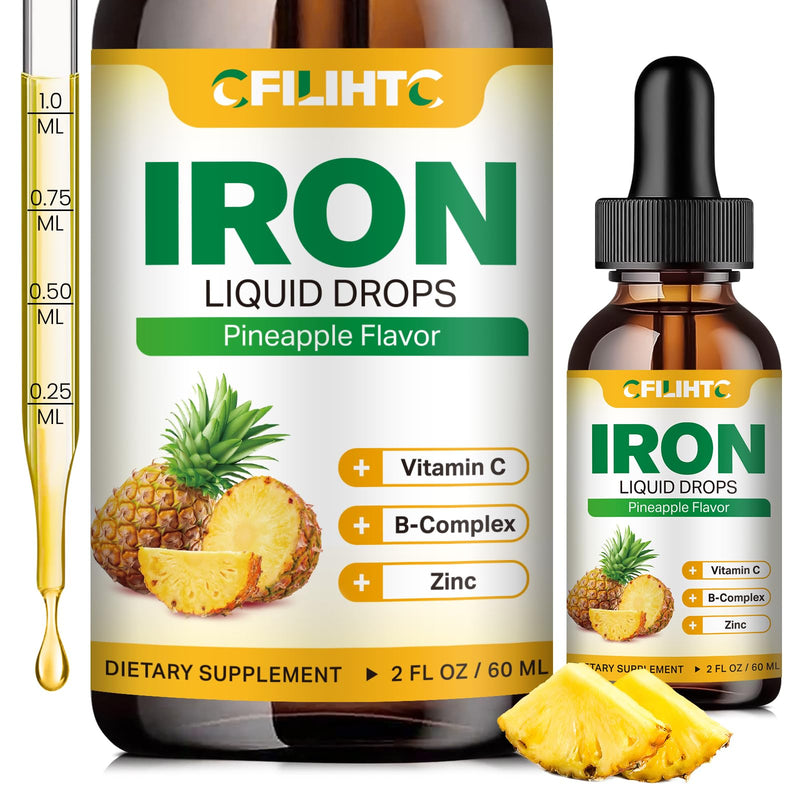 Liquid Iron Supplement for Women Men & Kids Multivitamin Iron Drops with Folate, Vitamin C, B6, B12, Zinc for Anemia, Iron Deficiency, Blood Builder, Energy - Natural Pineapple Flavor, Vegan 2 Fl Oz 2 Fl Oz (Pack of 1)