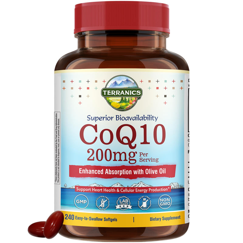 Terranics CoQ10 200mg, Coenzyme Q10 Supplement with Extra Virgin Olive Oil for Enhanced Absorption, Made in USA, Supports Heart Health, Antioxidant Protection, Energy Production, Non-GMO, 240 Softgels 240 Count (Pack of 1)