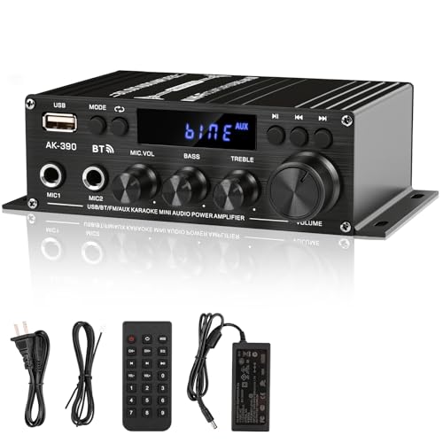 Stereo Amplifier Home Audio Receiver AK-390,AMP Speaker Bluetooth 5.0 Amplifier 400W+400W 2 Channels with 12V/3A Power Amplifier HiFi Amplifier FM Radio,(BT,USB, AUX, Mic)Input for Home Party Black-AK390
