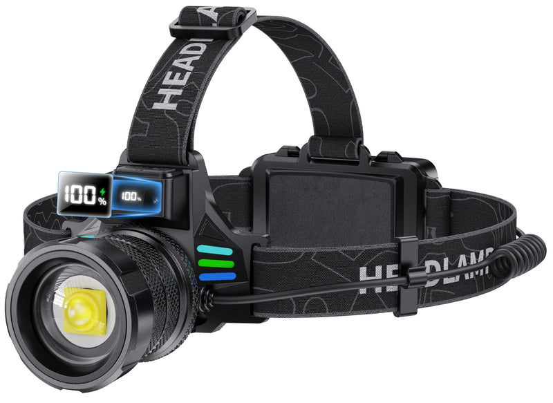 High Lumens Headlamp Rechargeable 4000 Super Bright LED Head Lamp Battery Powered,12 Modes Waterproof Headlight Zoomable Digital Display Headlamps for Hardhat Hunting Camping Hiking Fishing Blue Luminous strip