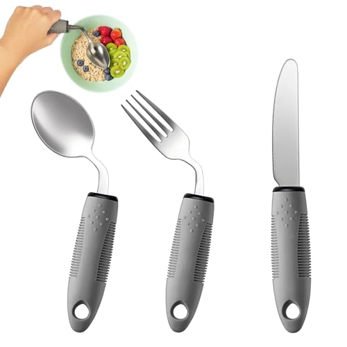 3-Piece Adaptive Utensils Set - 42° Angled Parkinsons Utensils, 2.5 oz Weighted Utensils for Tremors and Parkinsons Patients, Easy Grip Weighted Silverware for Hand Tremors (Right-Handed) Right-handed Grey – 3pcs (2.5 oz each)