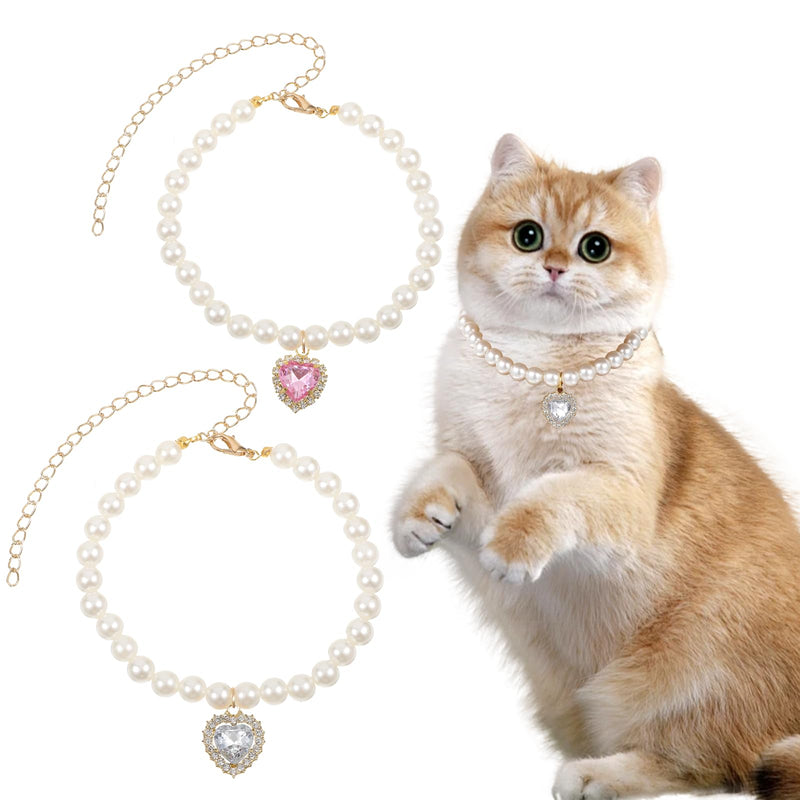 2 Pcs Cat Dog Pearl Collar Acrylic Rhinestone Cute Dog Necklace Adjustable Bling Small Cat Chain Collar Princess Style Pet Wedding Party Jewelry Charms for Kitten Puppy Outfits Accessories - BeesActive Australia