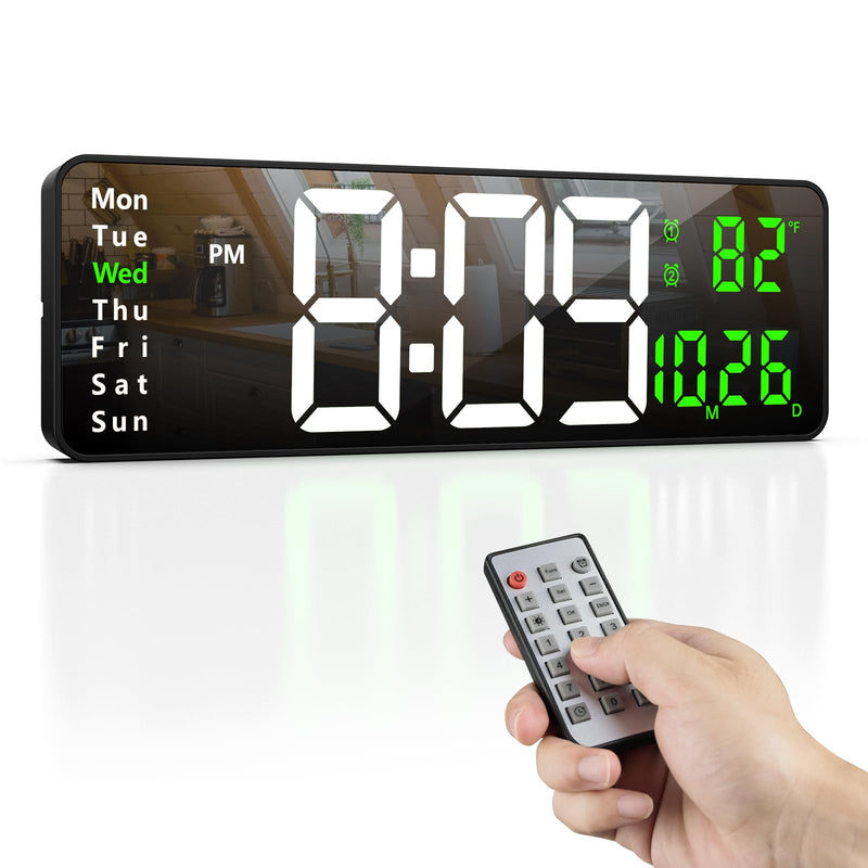 Zgrmbo 16-inch Digital Wall Clock with Remote Control, Large Display Digital Clock with Date, Indoor Temp, Week, 12/24H, Auto Dimming, A Wall Clock Suitable for Living Room, Warehouse, Shop, Gym White & Green