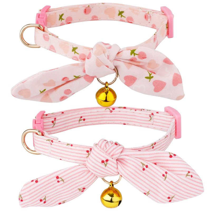 2pcs Cotton Bowtie Cat Collar with Bell, Breakaway Cute Bow Tie Kitten Collars Adjustable Cherry & Pink Heart Cat Collar for Female Cats Girl and Boy Pets - BeesActive Australia