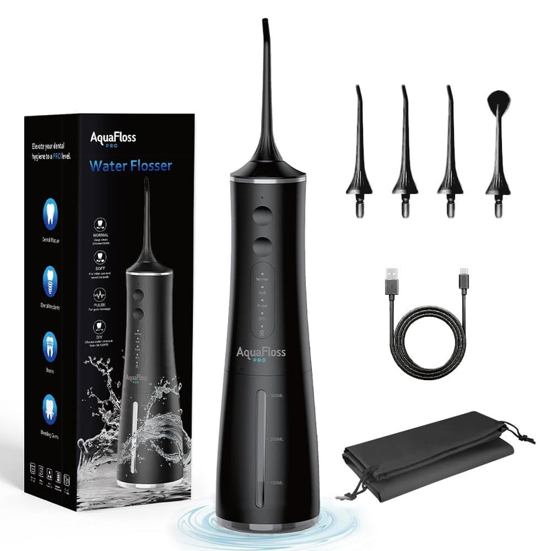 Water Dental Flosser Teeth Pick Portable Cordless Oral Irrigator 300ml Water Tank Rechargeable Travel Teeth Cleaner IPX7 Waterproof Electric Water Flosser BV609 (Black) Black