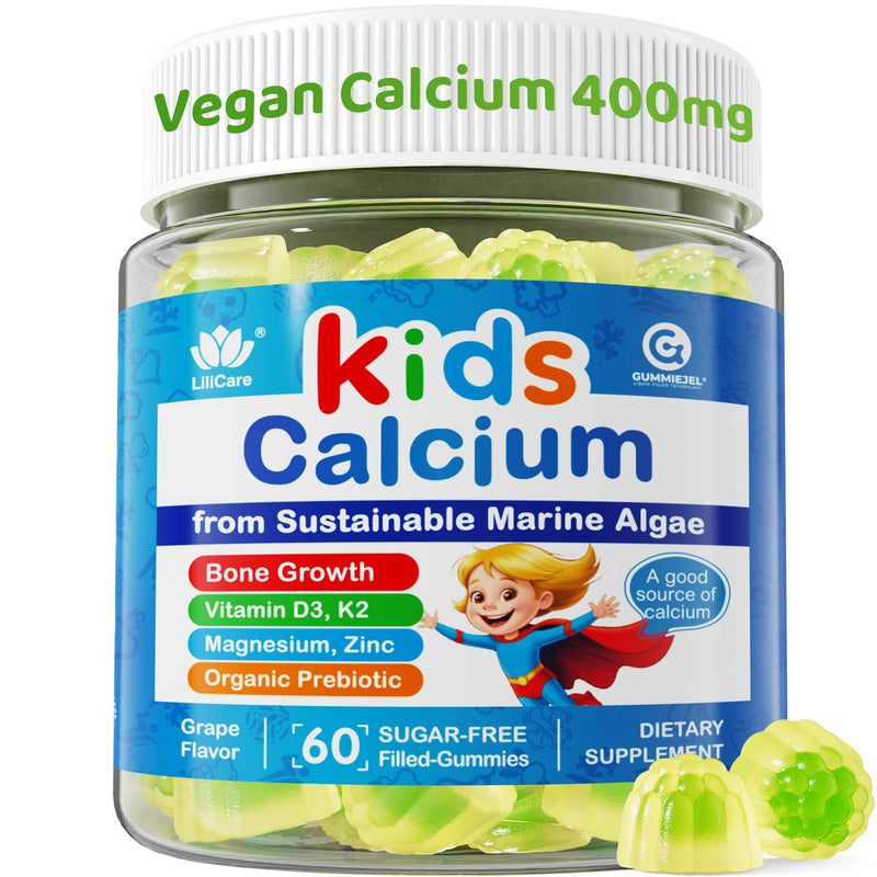 Kids Calcium Gummies + Vitamin D3 K2, Magnesium, Zinc, Extra Absorption Algae Calcium Supplement For Kids Gentle to Stomach, Bone, Teeth, Muscle, Brain, Sugar Free Chewable Kids Vitamins 4+, 60 Counts 60 Count (Pack of 1)
