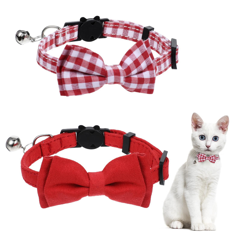 2 Pcs Red Cat Collar for Boy Girl Cats Breakaway Cat Collars with Bell Cute Christmas Kitten Bow Tie Collar Adjustable Small Puppy Safety Collar Solid Color Plaid Pet Collar - BeesActive Australia