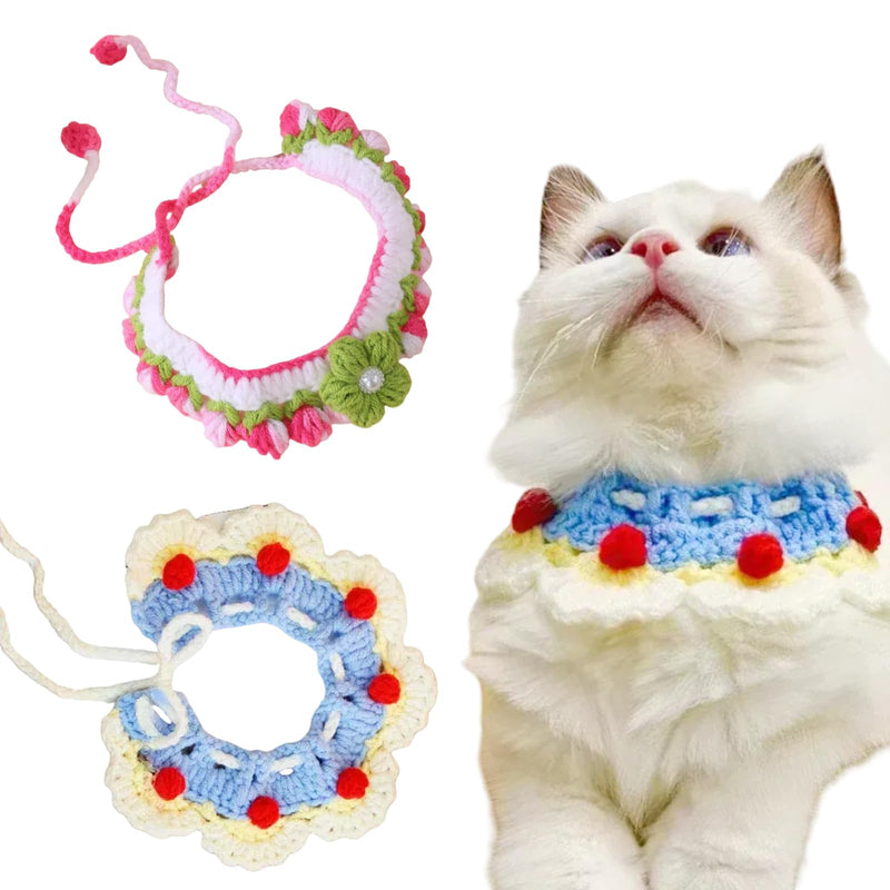 2pcs Handmade Knitted Cat Collars：Breakaway Kitten Collars，Vibrant Colors Pet Scarfs, Flowers Cat Bandana, Cute Cat Collar，Comfortable for Kitty, Puppy, and Rabbit Cartoon - BeesActive Australia