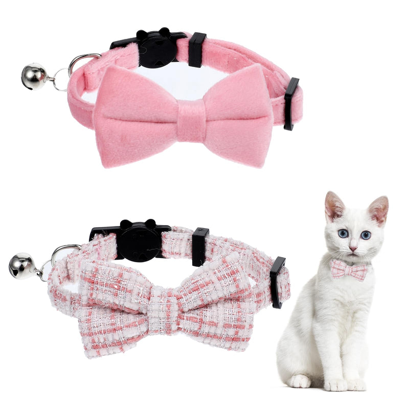 2 Pack Cute Cat Collars for Girl Cats Pink Kitten Bowtie Collar with Bells Breakaway Safety Collars Plaid Solid Color Gift Pet Collar Set Festive for Female Cats - BeesActive Australia
