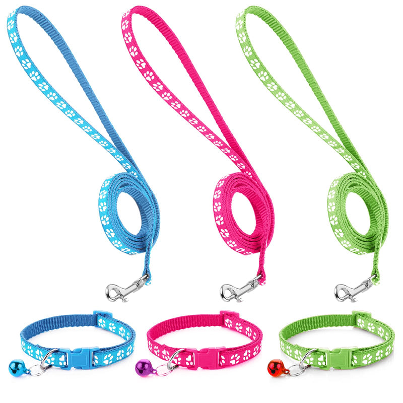 3 Pack Puppy Collar and Leashes Dog Collar and Leash for Small Dogs Pet Cat Kitten Collar and Leashes Adjustable Training Rope Quick Release Paw Print Soft Nylon Pet Collar - BeesActive Australia