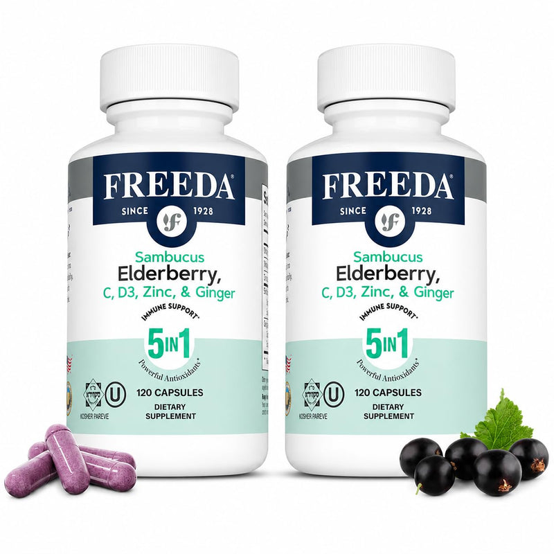 FREEDA Sambucus Elderberry with Vitamin C, D3, Zinc & Ginger - 240 Capsules | 5-in-1 Herbal Immune Support with Elderberry, Vitamins C & D3, Zinc, and Ginger for Adults - Gluten-Free - Pack Of 2 120 Count (Pack of 2)