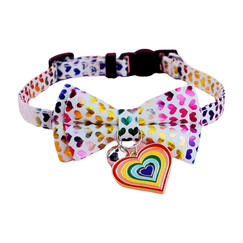 2 PCS Cute Bow Tie Cat Collar Rainbow Color Heart with Lovely Bell Breakaway Safety Adjustable Kitten Collar Pets Collar with Love Heart Pendant for Kitten Cats - Color Heart - BeesActive Australia