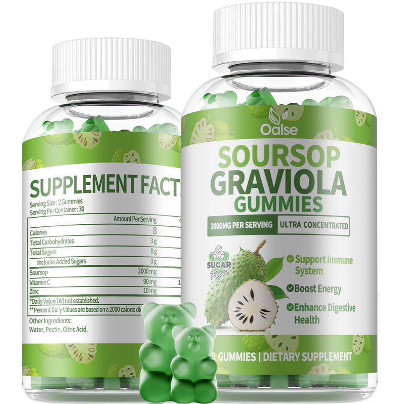 Soursop Graviola Gummies, Sour sop Leaves & Fruit Extract Vitamin C, Zinc | Soursop Bitters for immune Support, 60 Count, Sugar Free, Vegan, Gluten Free 60 Count (Pack of 1)